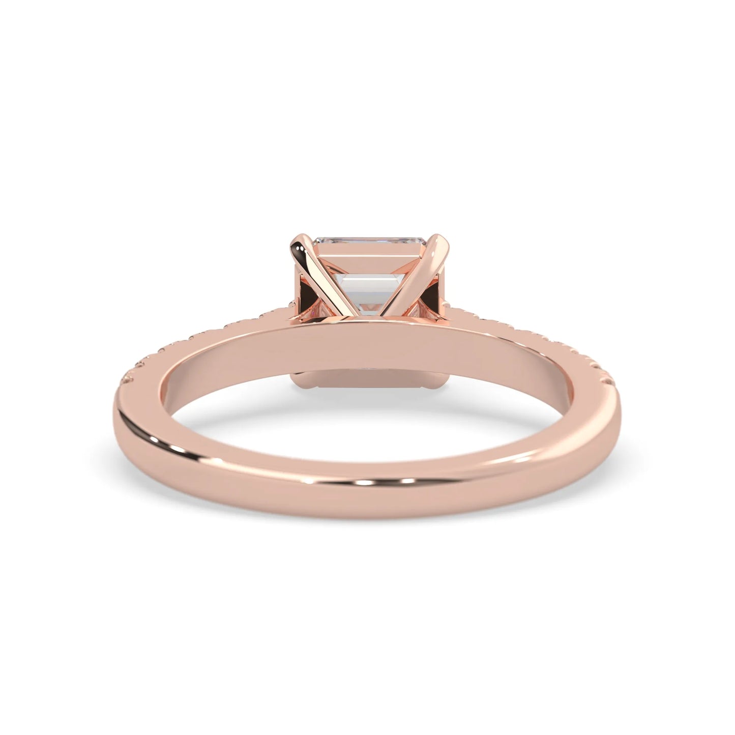 asscher cut lab grown diamond prong set engagement ring with pavé band and rose gold  metal tone design