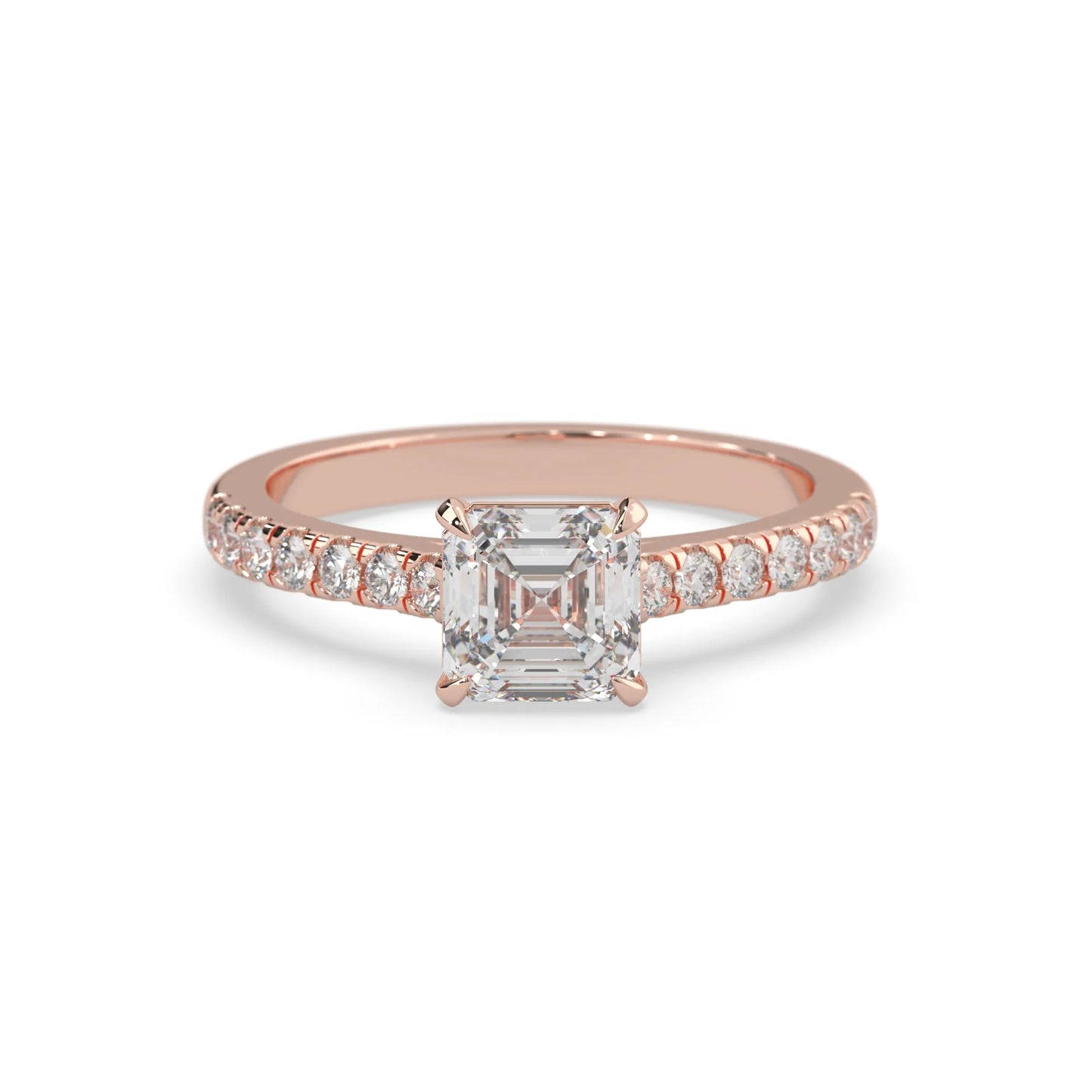 asscher cut lab grown diamond prong set engagement ring with pavé band and rose gold  metal tone design