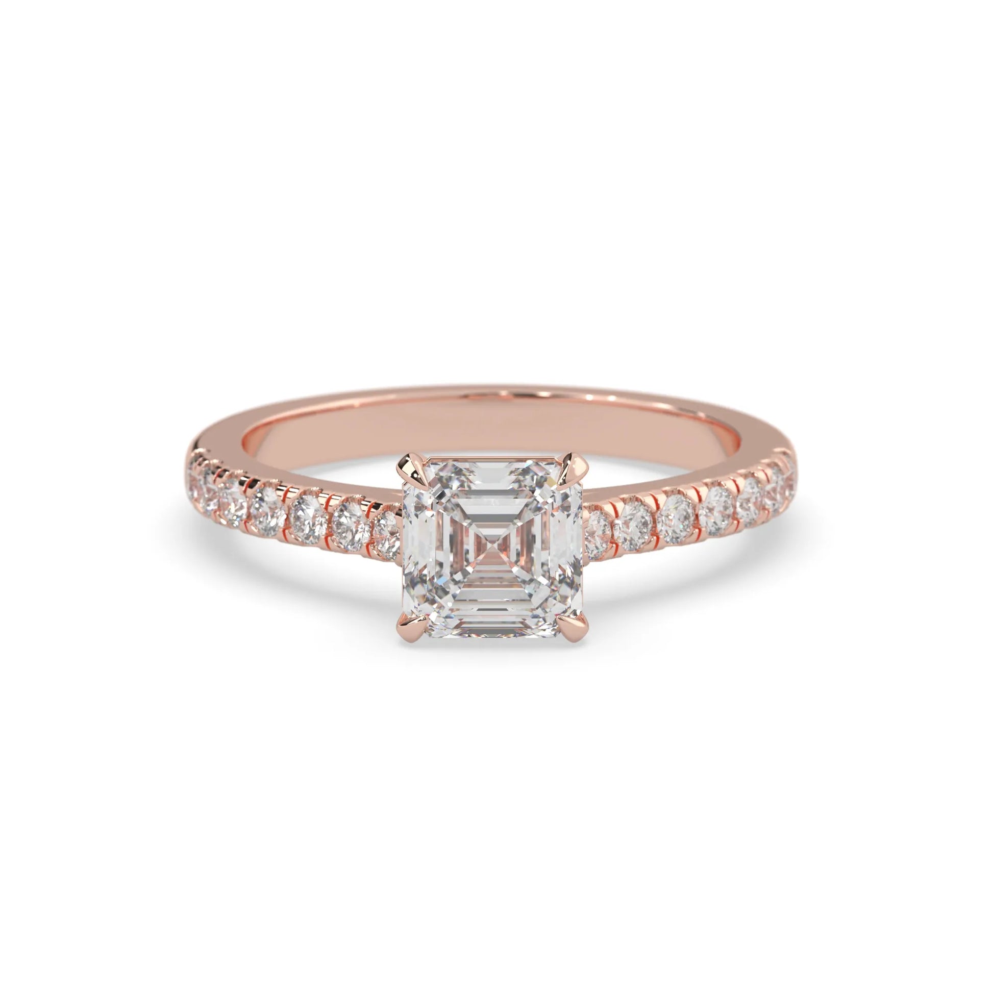 asscher cut lab grown diamond prong set engagement ring with pavé band and rose gold  metal tone design