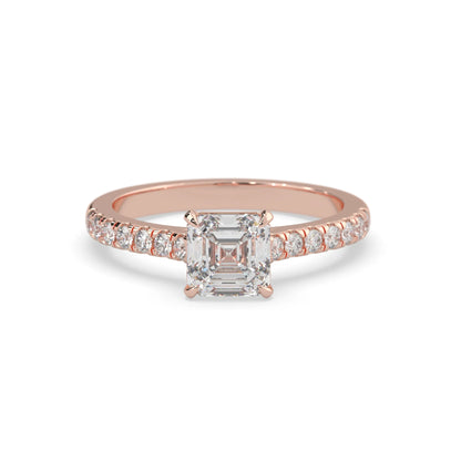 asscher cut lab grown diamond prong set engagement ring with pavé band and rose gold  metal tone design