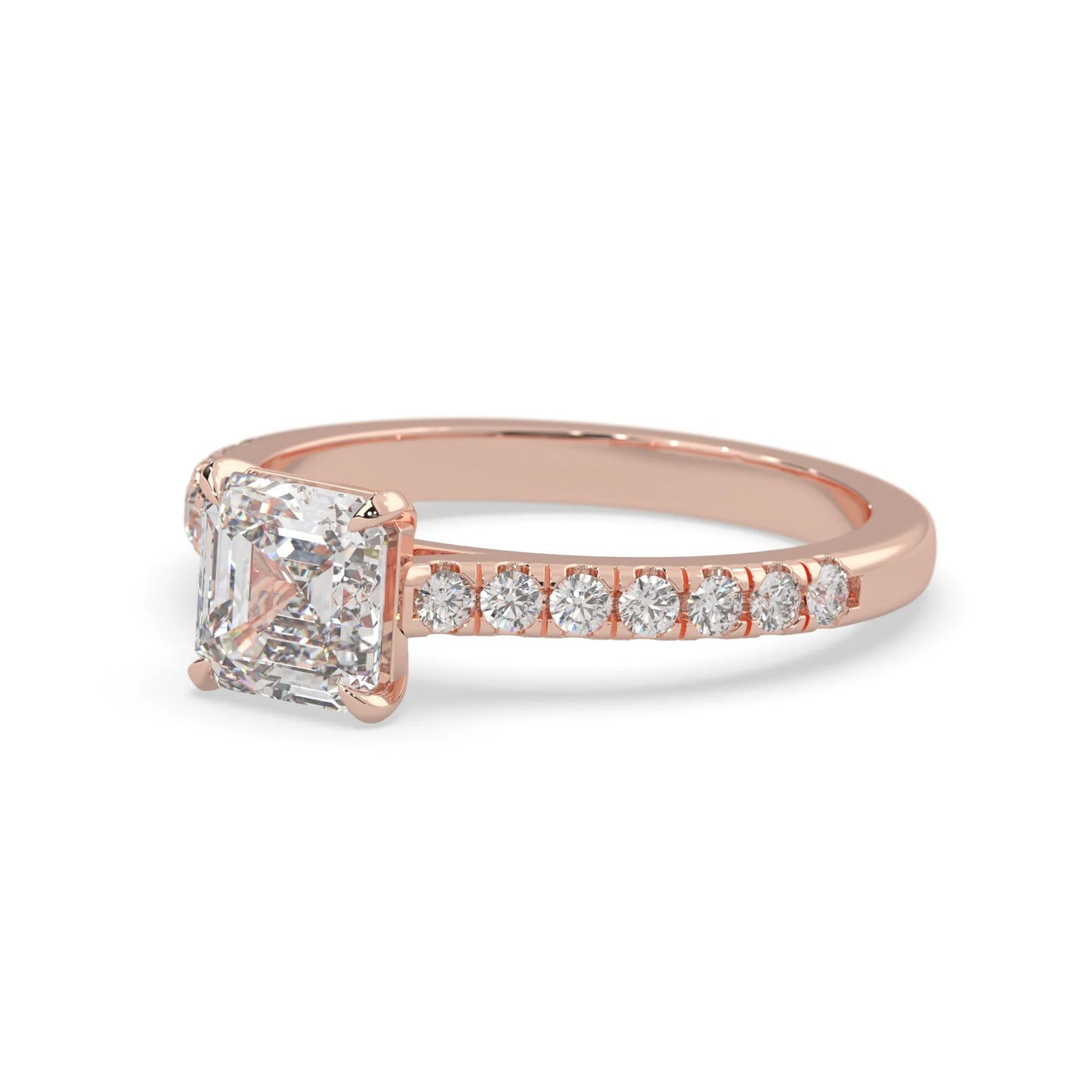 asscher cut lab grown diamond prong set engagement ring with pavé band and rose gold  metal tone design