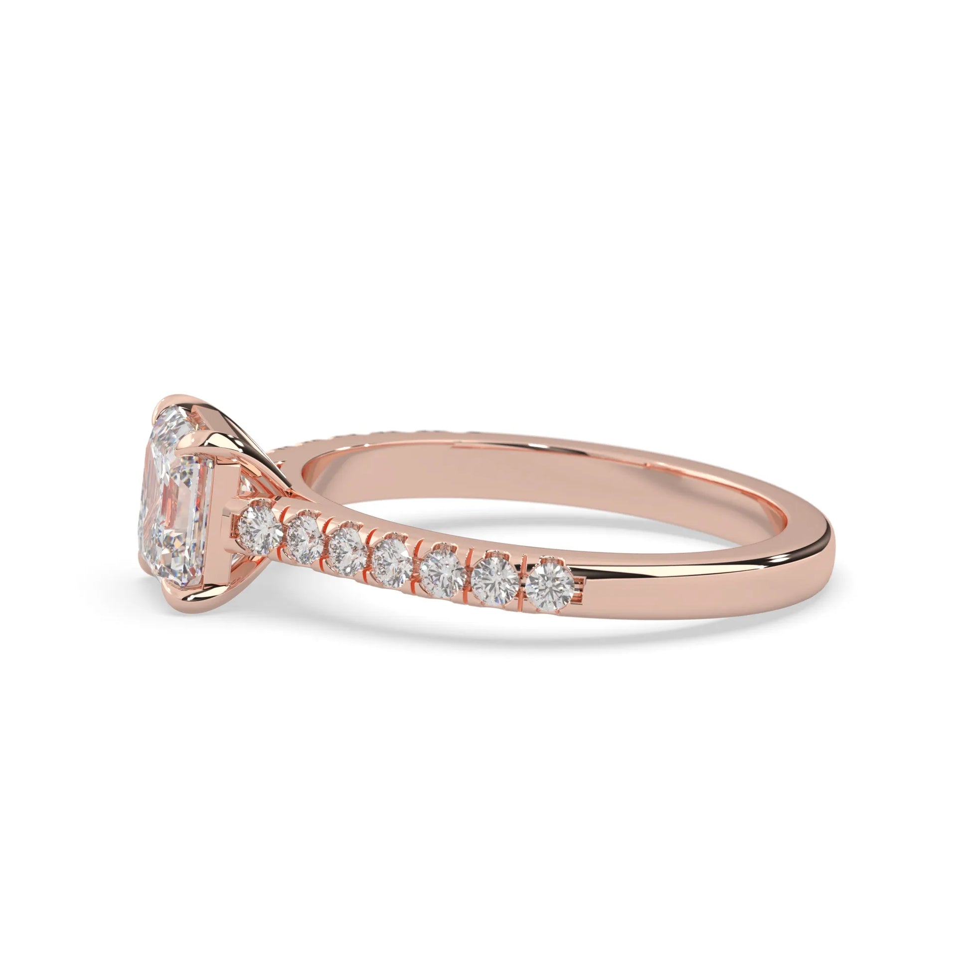 asscher cut lab grown diamond prong set engagement ring with pavé band and rose gold  metal tone design