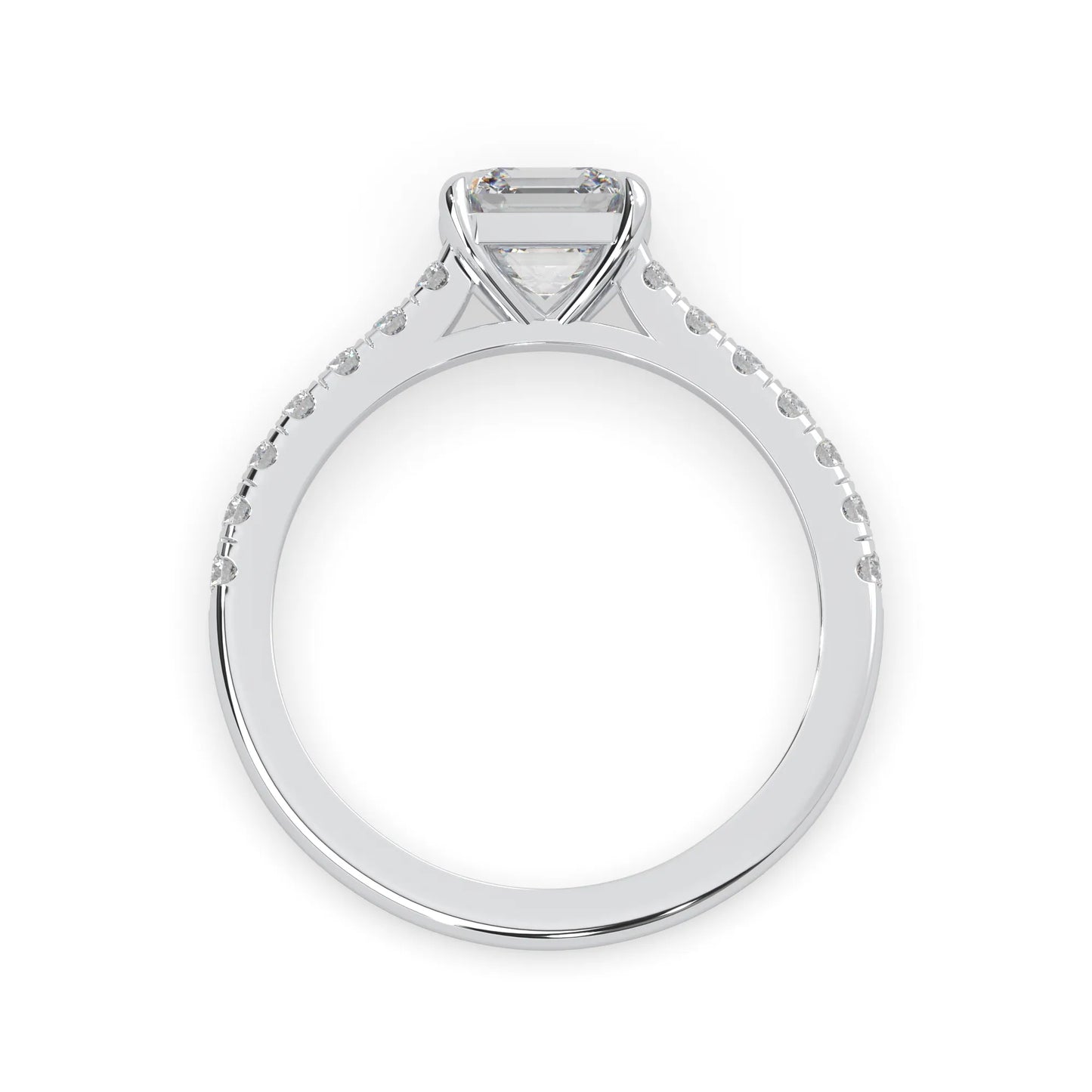 asscher cut lab grown diamond prong set engagement ring with pavé band and white gold  metal tone design