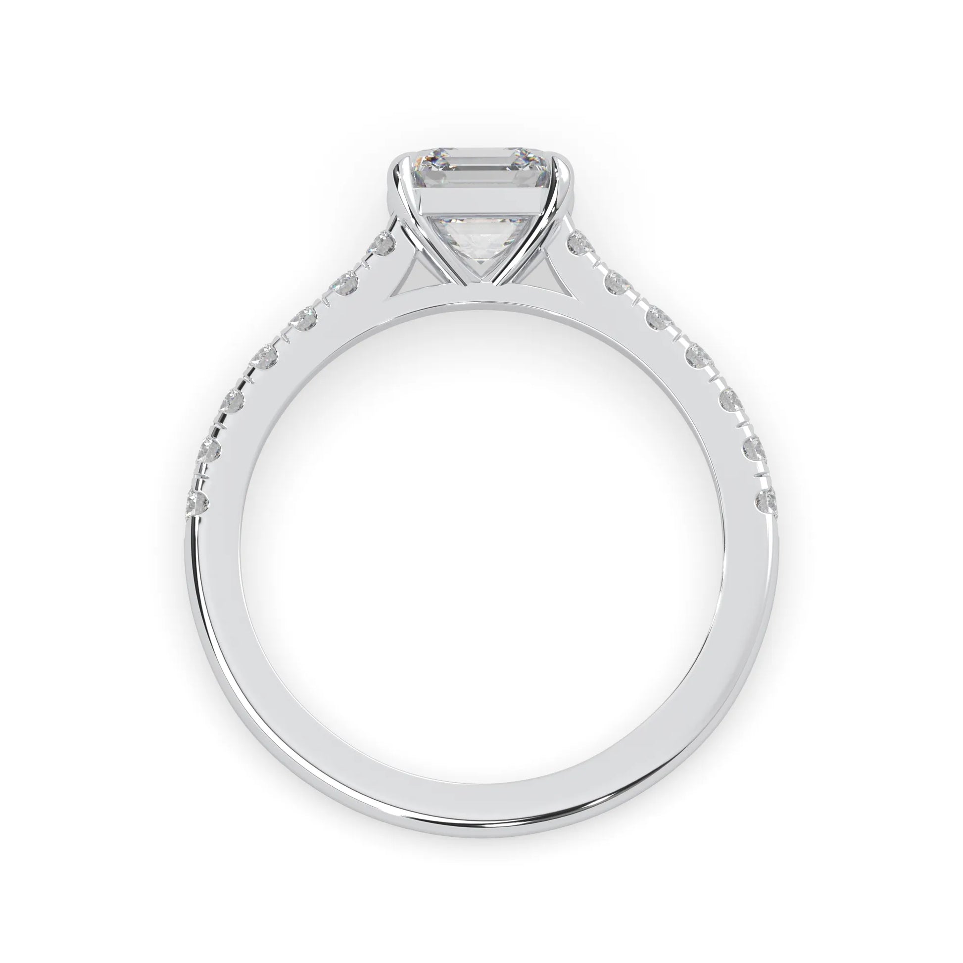 asscher cut lab grown diamond prong set engagement ring with pavé band and white gold  metal tone design