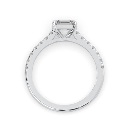 asscher cut lab grown diamond prong set engagement ring with pavé band and white gold  metal tone design