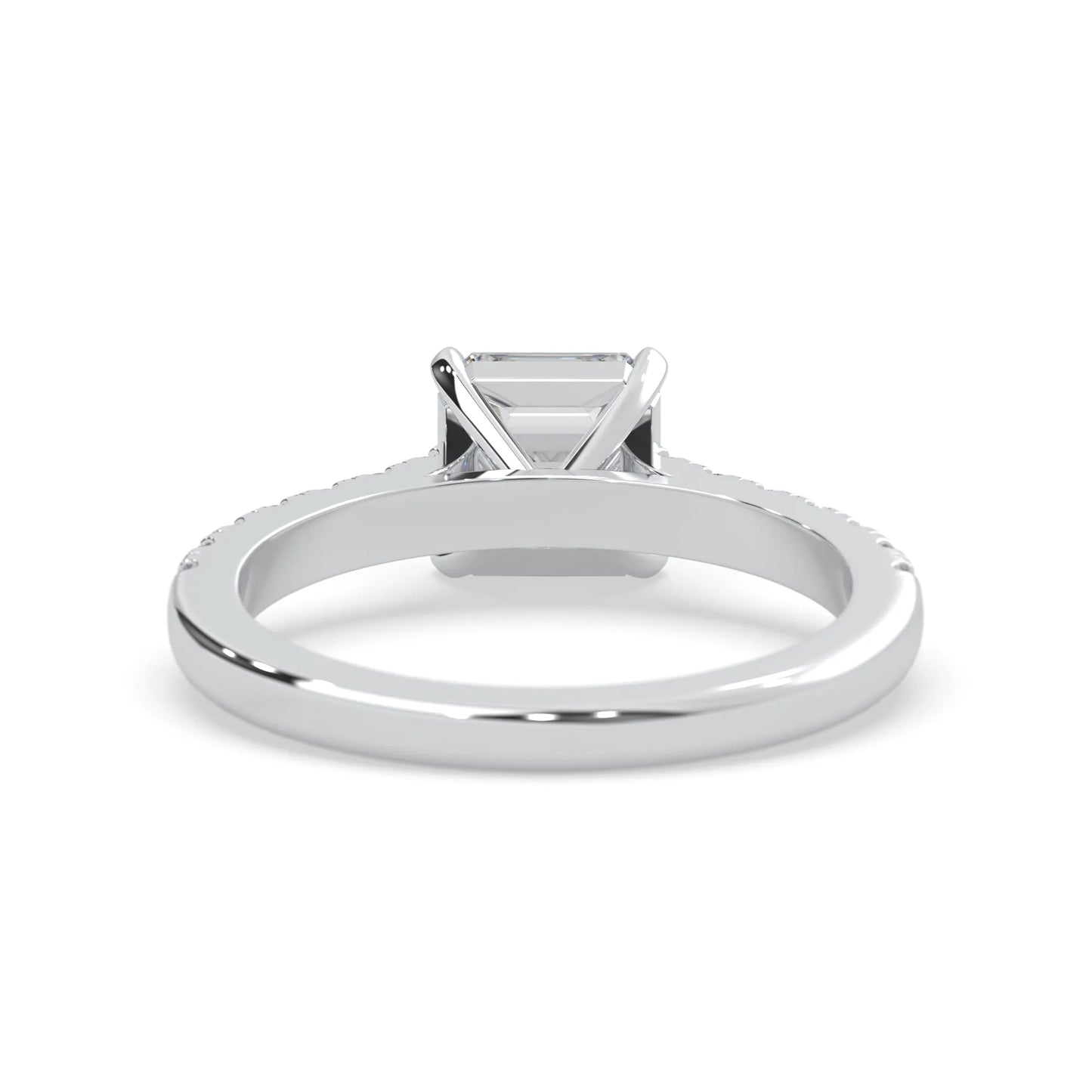 asscher cut lab grown diamond prong set engagement ring with pavé band and white gold  metal tone design