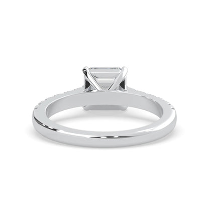 asscher cut lab grown diamond prong set engagement ring with pavé band and white gold  metal tone design
