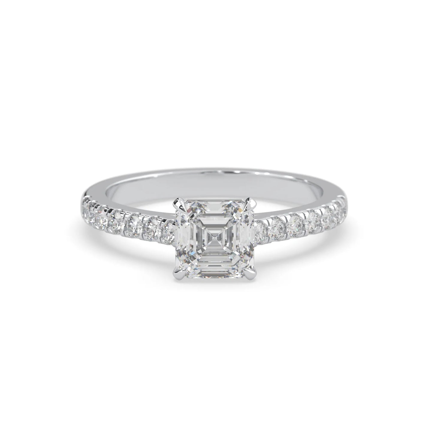 asscher cut lab grown diamond prong set engagement ring with pavé band and white gold  metal tone design
