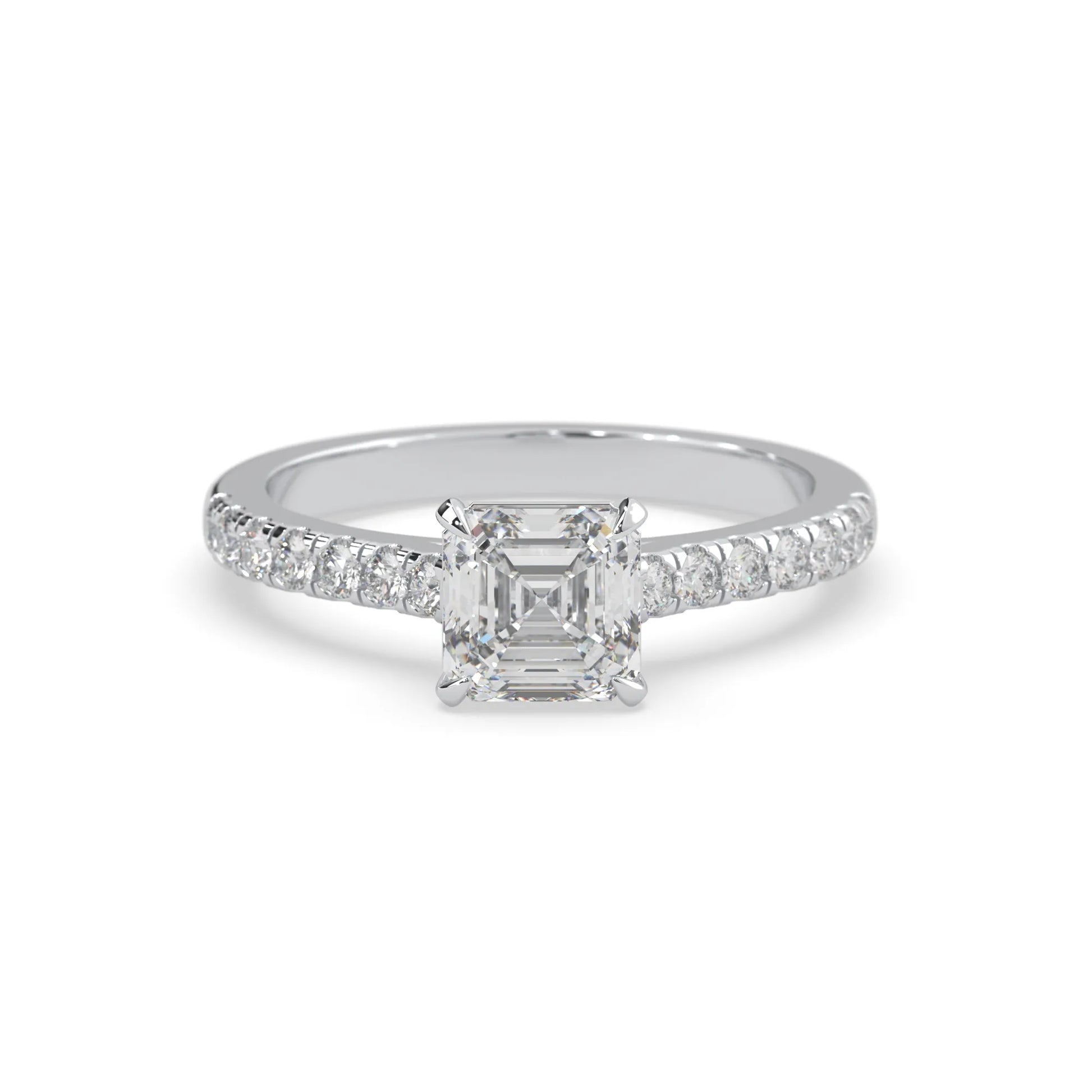 asscher cut lab grown diamond prong set engagement ring with pavé band and white gold  metal tone design