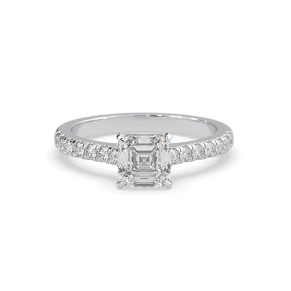 asscher cut lab grown diamond prong set engagement ring with pavé band and white gold  metal tone design