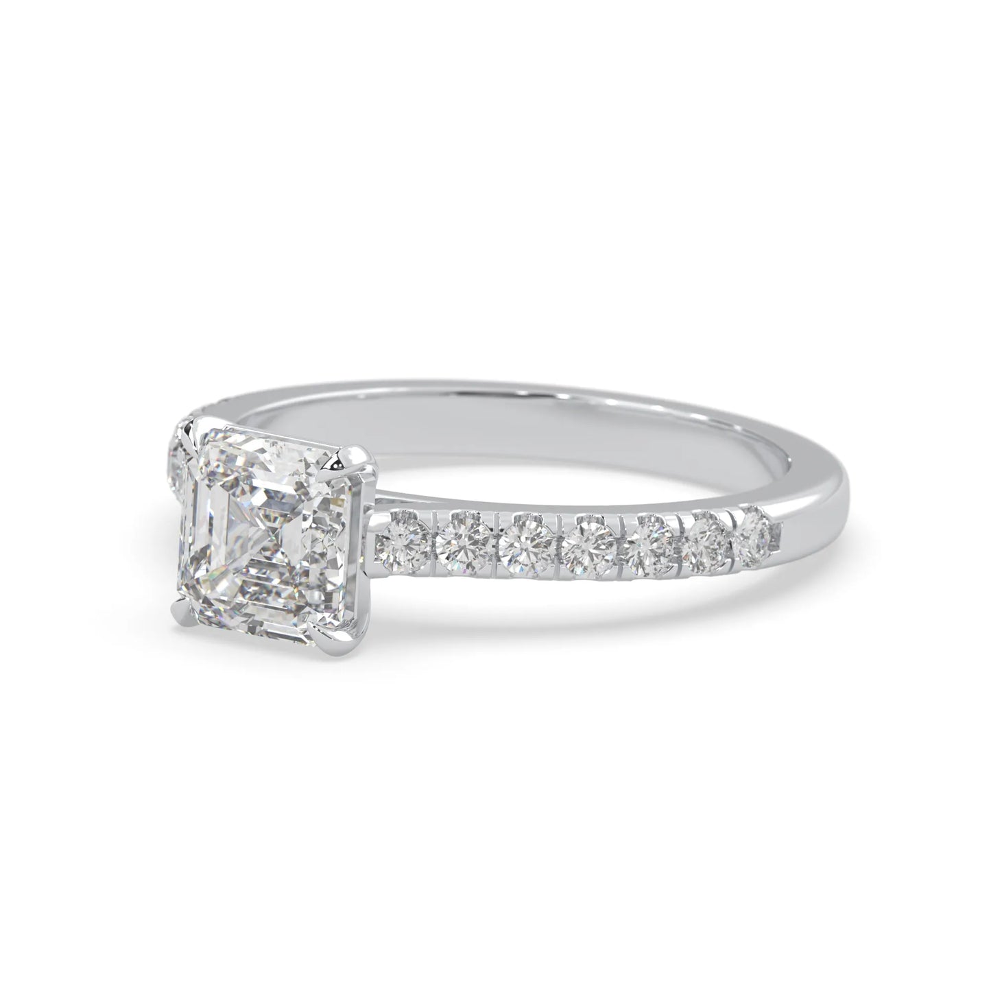 asscher cut lab grown diamond prong set engagement ring with pavé band and white gold  metal tone design