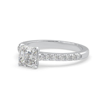 asscher cut lab grown diamond prong set engagement ring with pavé band and white gold  metal tone design