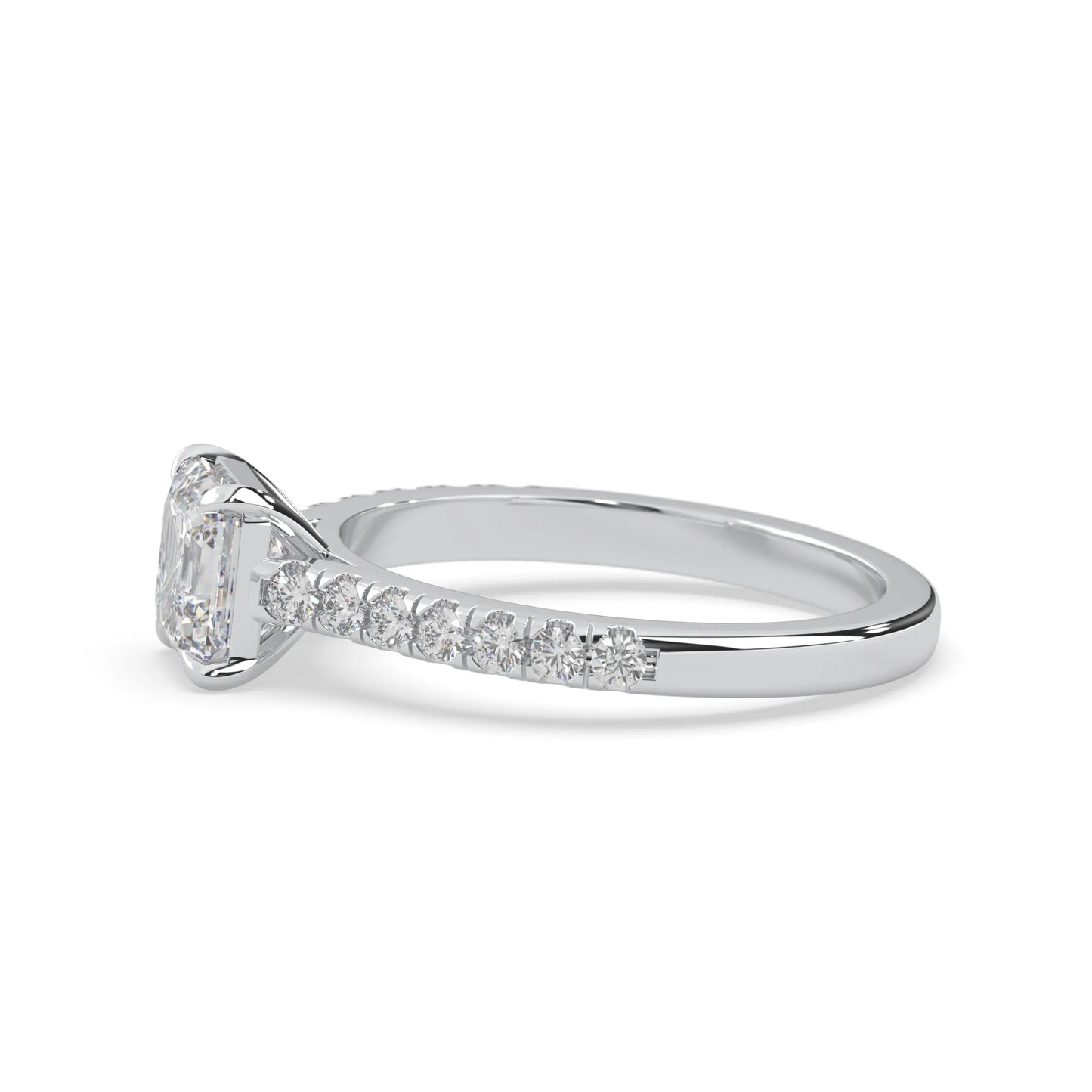 asscher cut lab grown diamond prong set engagement ring with pavé band and white gold  metal tone design