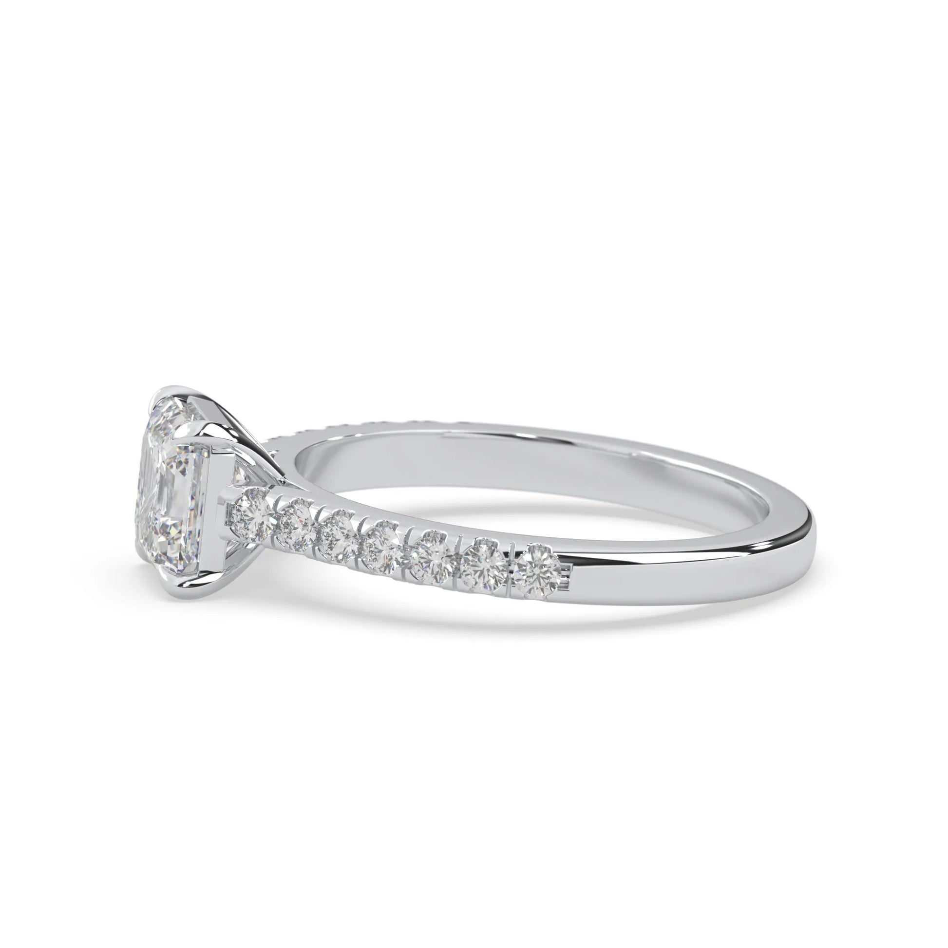 asscher cut lab grown diamond prong set engagement ring with pavé band and white gold  metal tone design