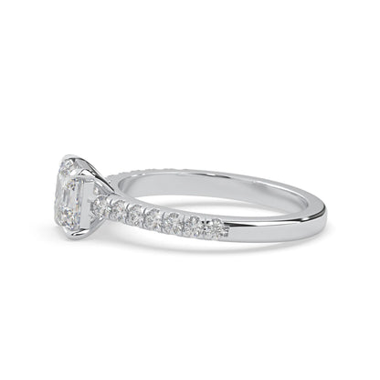 asscher cut lab grown diamond prong set engagement ring with pavé band and white gold  metal tone design