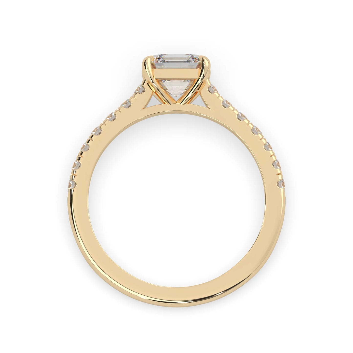 asscher cut lab grown diamond prong set engagement ring with pavé band and yellow gold  metal tone design