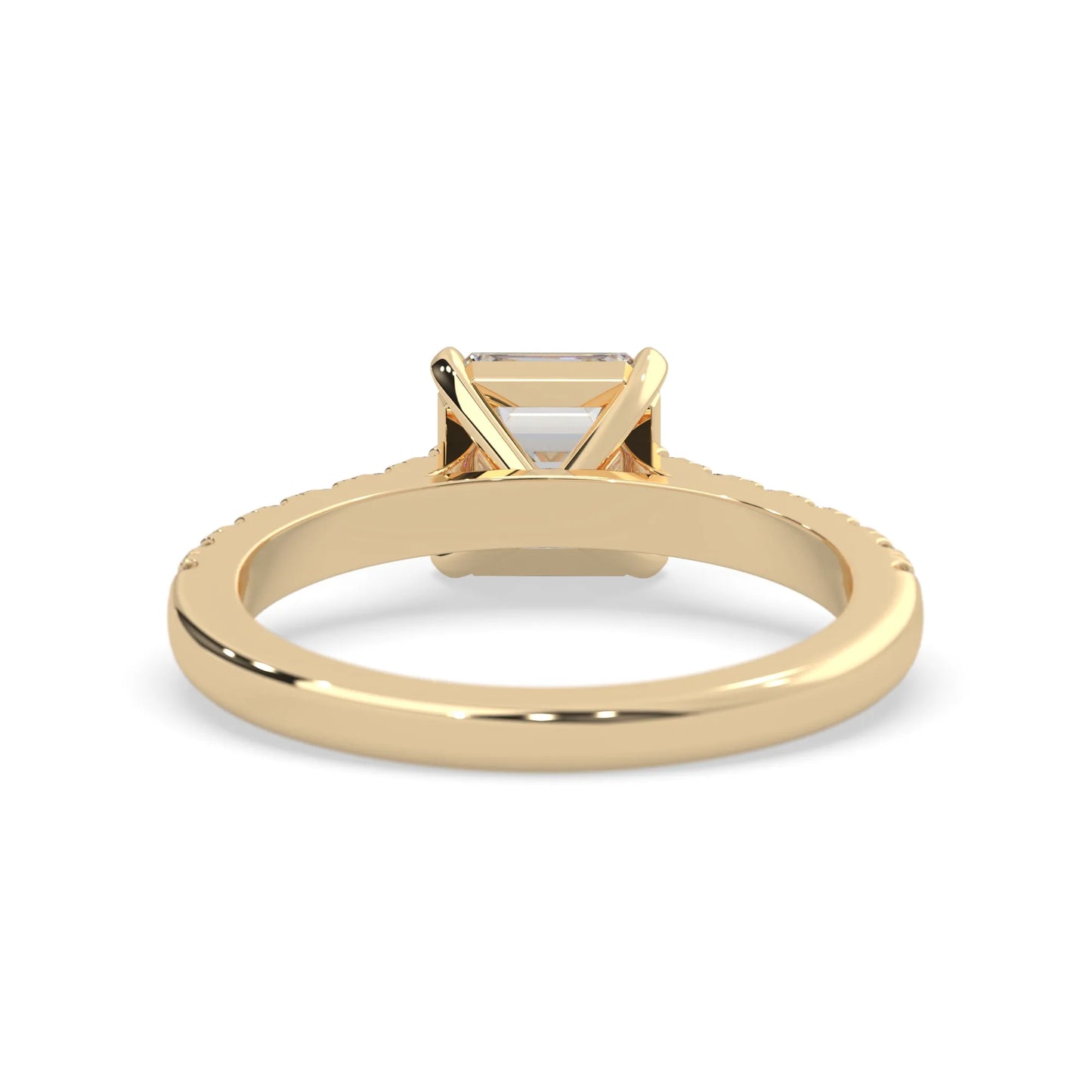asscher cut lab grown diamond prong set engagement ring with pavé band and yellow gold  metal tone design