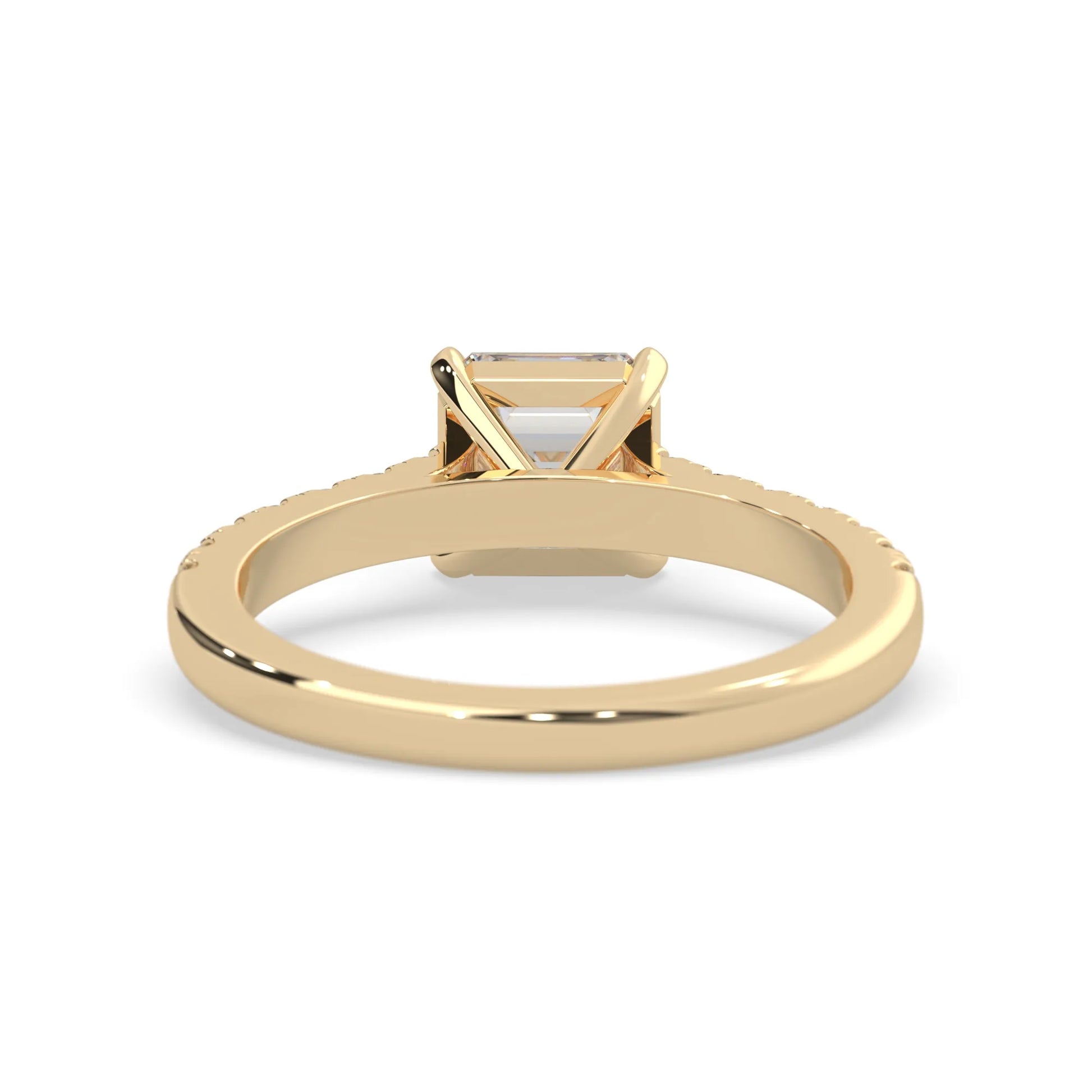 asscher cut lab grown diamond prong set engagement ring with pavé band and yellow gold  metal tone design