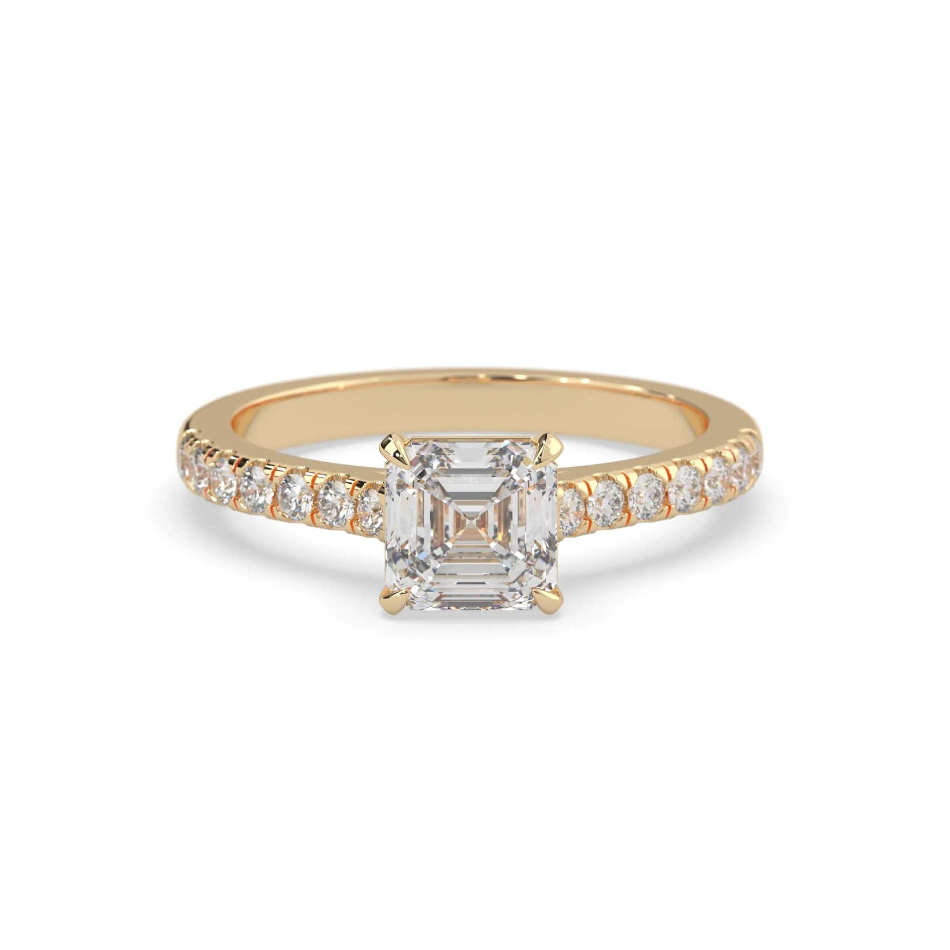 asscher cut lab grown diamond prong set engagement ring with pavé band and yellow gold  metal tone design