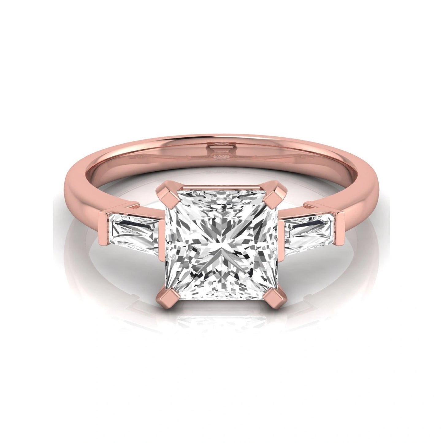Asscher cut lab grown diamond three stone engagement ring featuring a 2.40 carat Asscher center diamond with baguette side diamonds in a classic prong setting in rose gold