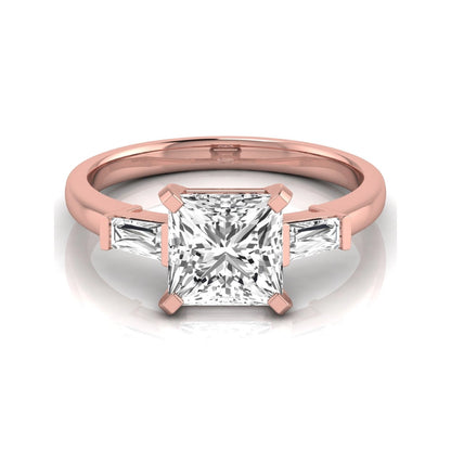 Asscher cut lab grown diamond three stone engagement ring featuring a 2.40 carat Asscher center diamond with baguette side diamonds in a classic prong setting in rose gold