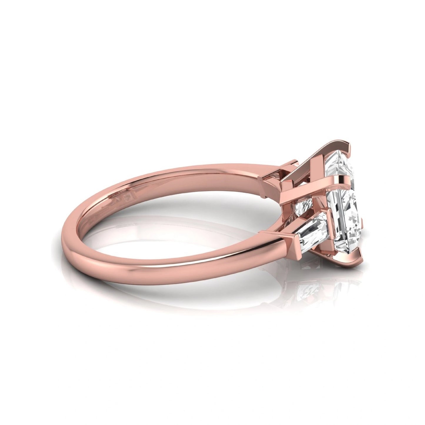 Asscher cut lab grown diamond three stone engagement ring featuring a 2.40 carat Asscher center diamond with baguette side diamonds in a classic prong setting in rose gold