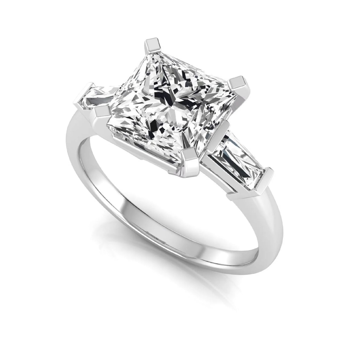 Asscher cut lab grown diamond three stone engagement ring featuring a 2.40 carat Asscher center diamond with baguette side diamonds in a classic prong setting in white gold