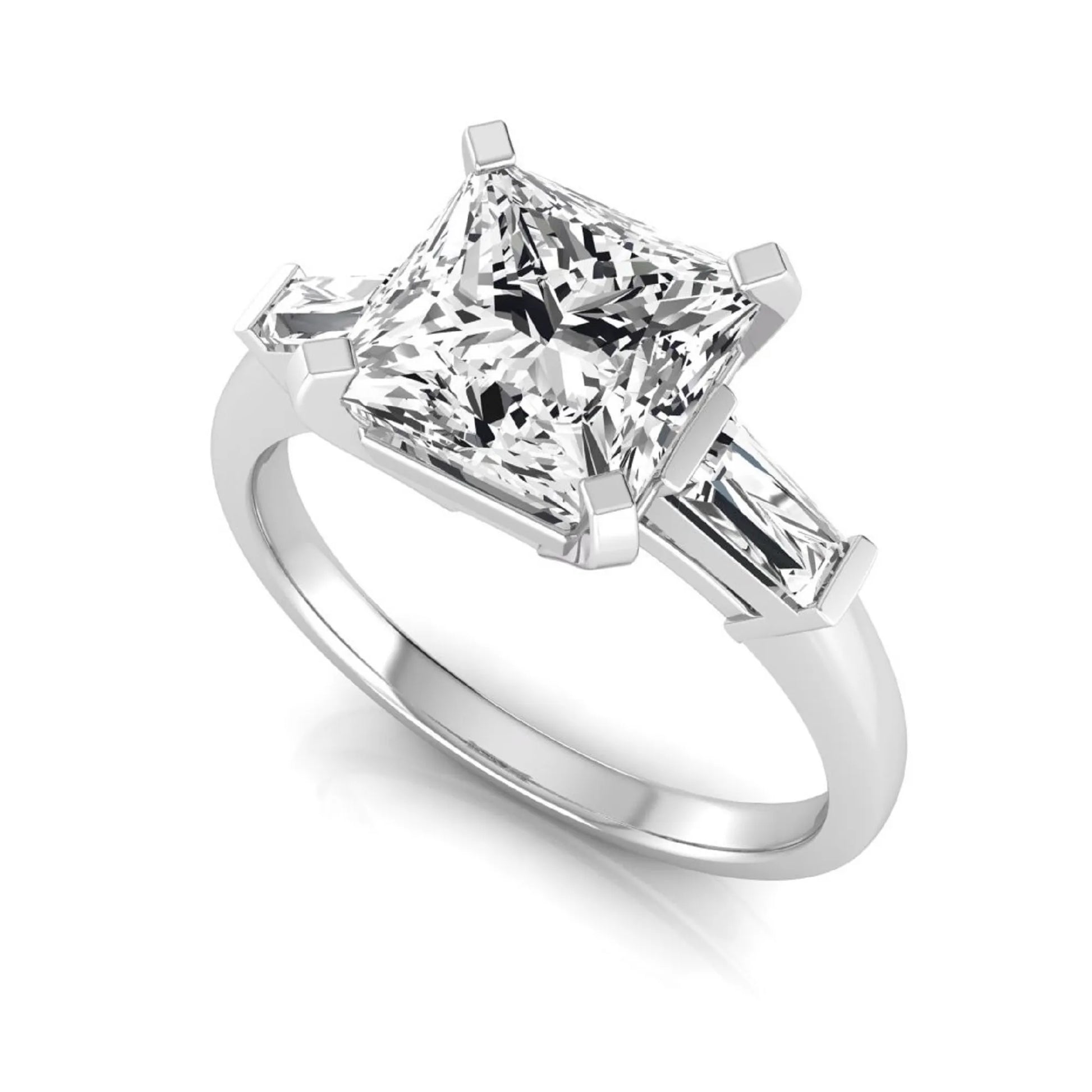 Asscher cut lab grown diamond three stone engagement ring featuring a 2.40 carat Asscher center diamond with baguette side diamonds in a classic prong setting in white gold