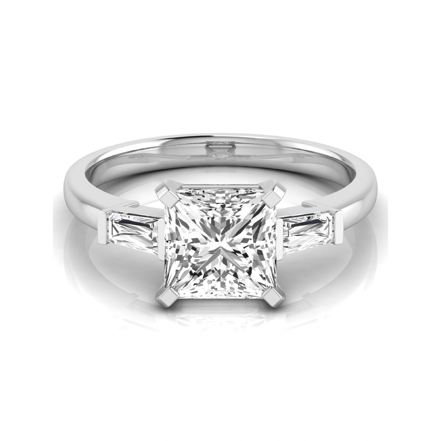 Asscher cut lab grown diamond three stone engagement ring featuring a 2.40 carat Asscher center diamond with baguette side diamonds in a classic prong setting in white gold