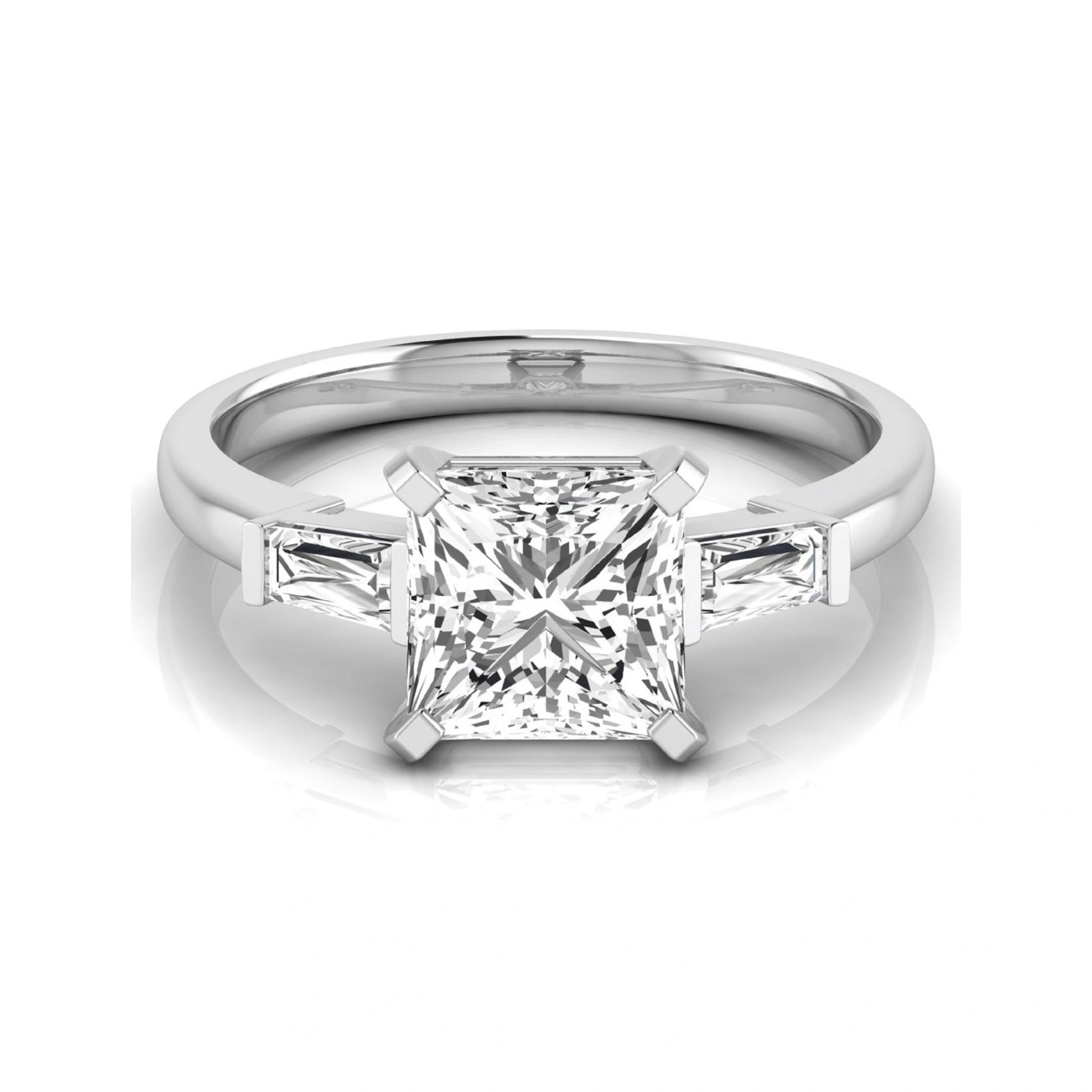 Asscher cut lab grown diamond three stone engagement ring featuring a 2.40 carat Asscher center diamond with baguette side diamonds in a classic prong setting in white gold