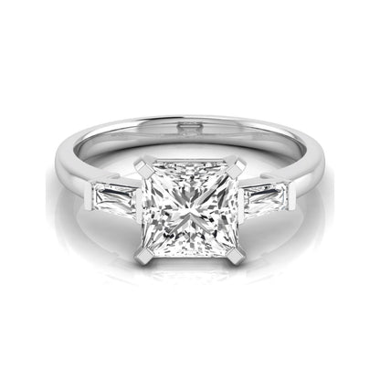 Asscher cut lab grown diamond three stone engagement ring featuring a 2.40 carat Asscher center diamond with baguette side diamonds in a classic prong setting in white gold