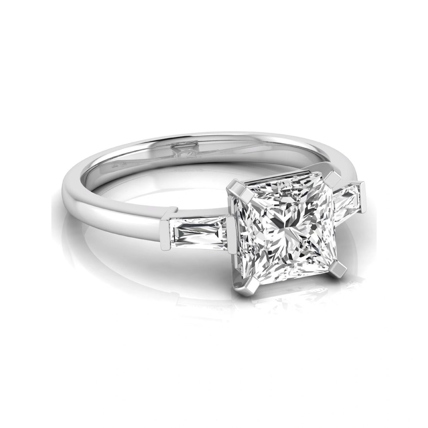 Asscher cut lab grown diamond three stone engagement ring featuring a 2.40 carat Asscher center diamond with baguette side diamonds in a classic prong setting in white gold
