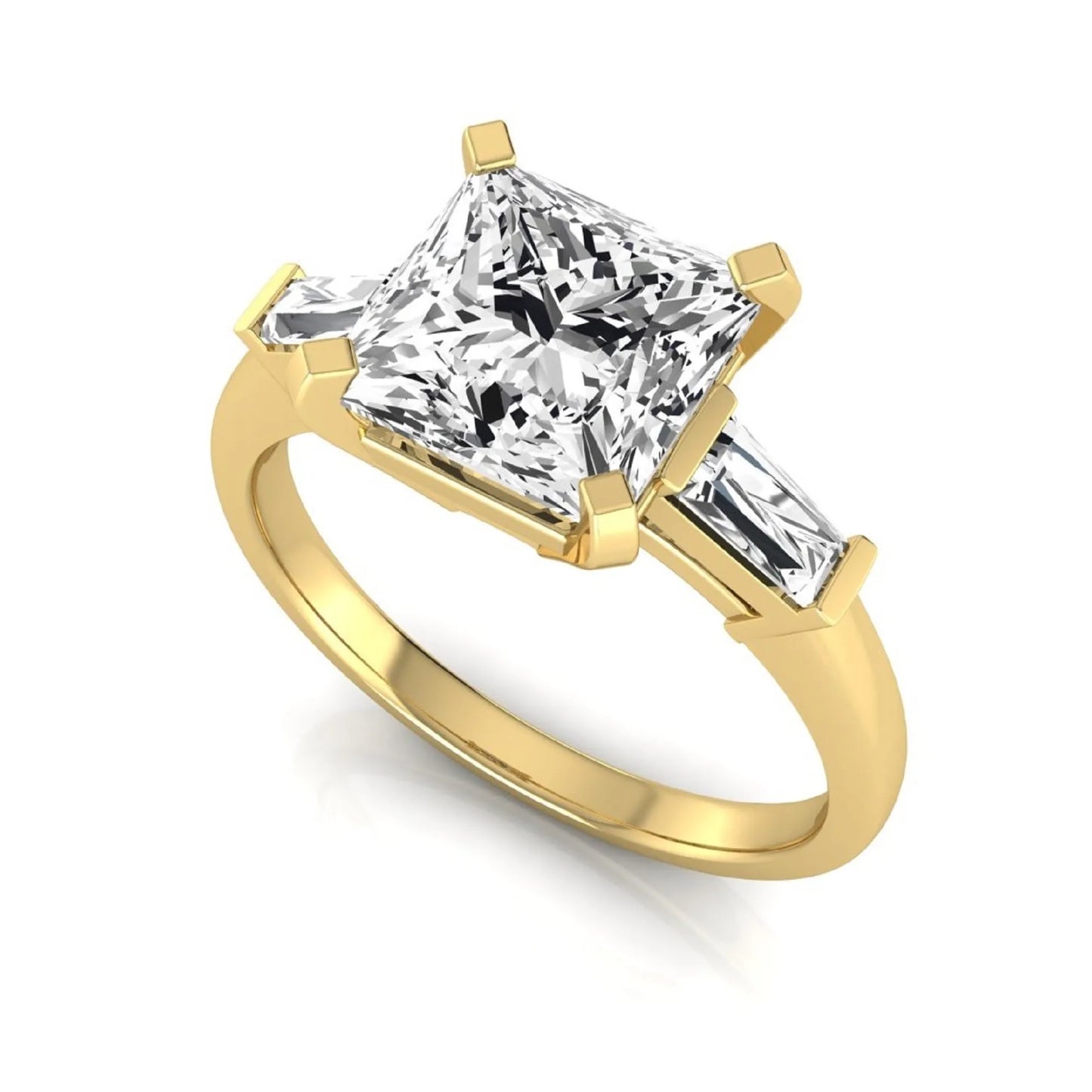 Asscher cut lab grown diamond three stone engagement ring featuring a 2.40 carat Asscher center diamond with baguette side diamonds in a classic prong setting in yellow gold