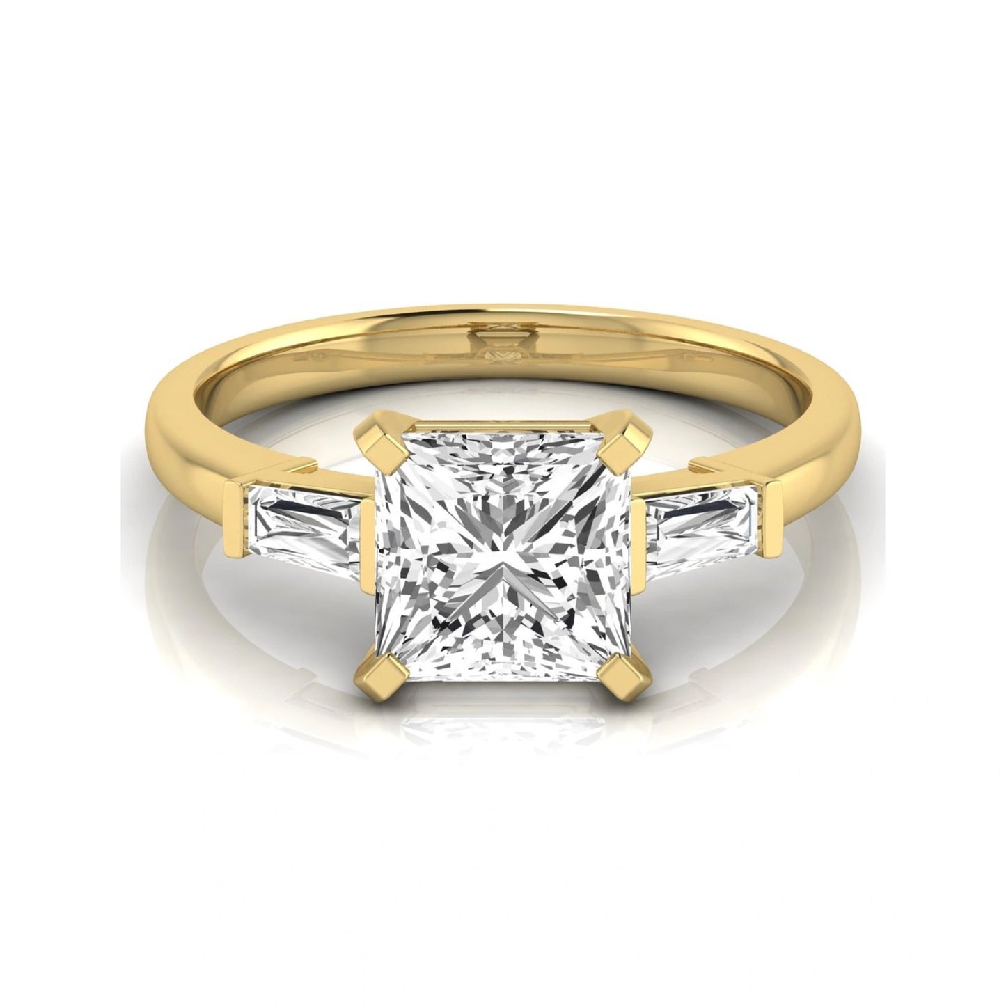 Asscher cut lab grown diamond three stone engagement ring featuring a 2.40 carat Asscher center diamond with baguette side diamonds in a classic prong setting in yellow gold