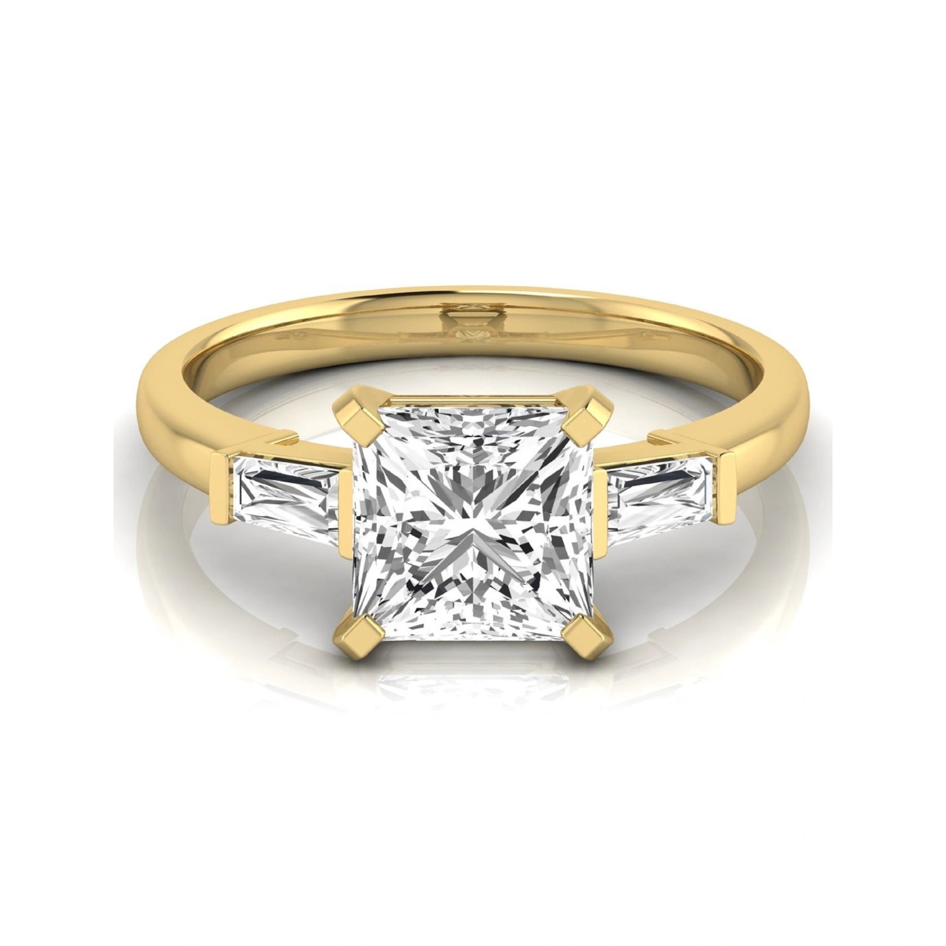 Asscher cut lab grown diamond three stone engagement ring featuring a 2.40 carat Asscher center diamond with baguette side diamonds in a classic prong setting in yellow gold