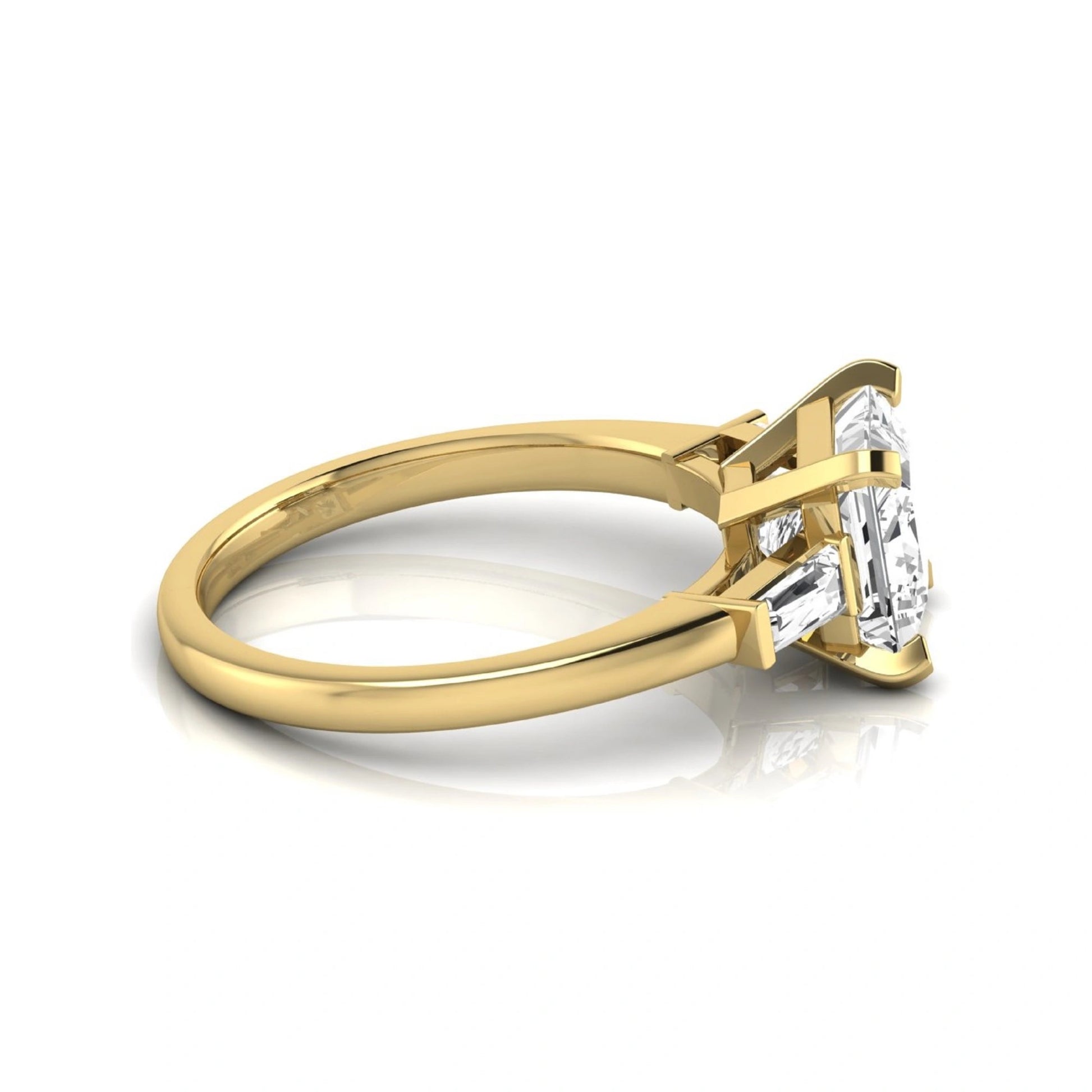 Asscher cut lab grown diamond three stone engagement ring featuring a 2.40 carat Asscher center diamond with baguette side diamonds in a classic prong setting in yellow gold