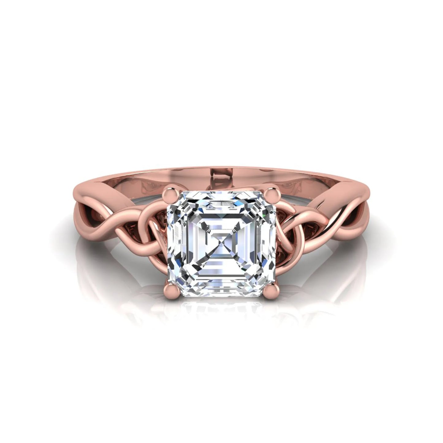 Asscher cut lab grown diamond solitaire engagement ring with Celtic knot setting in rose gold design.