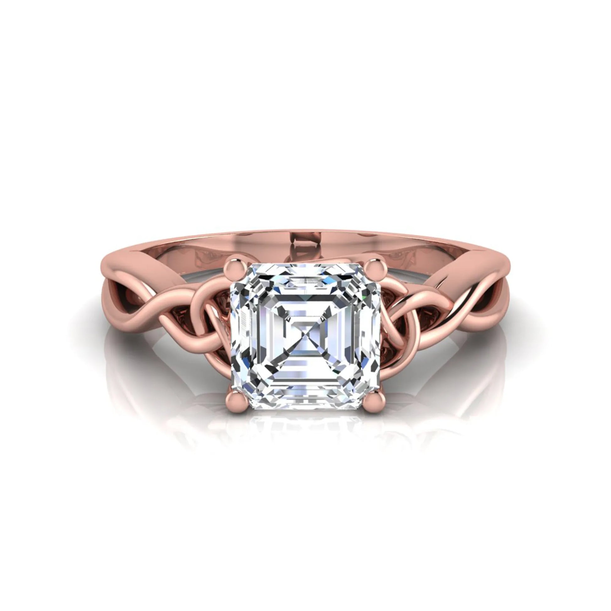 Asscher cut lab grown diamond solitaire engagement ring with Celtic knot setting in rose gold design.