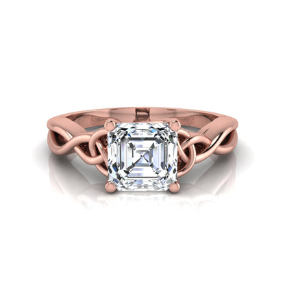 Asscher cut lab grown diamond solitaire engagement ring with Celtic knot setting in rose gold design.