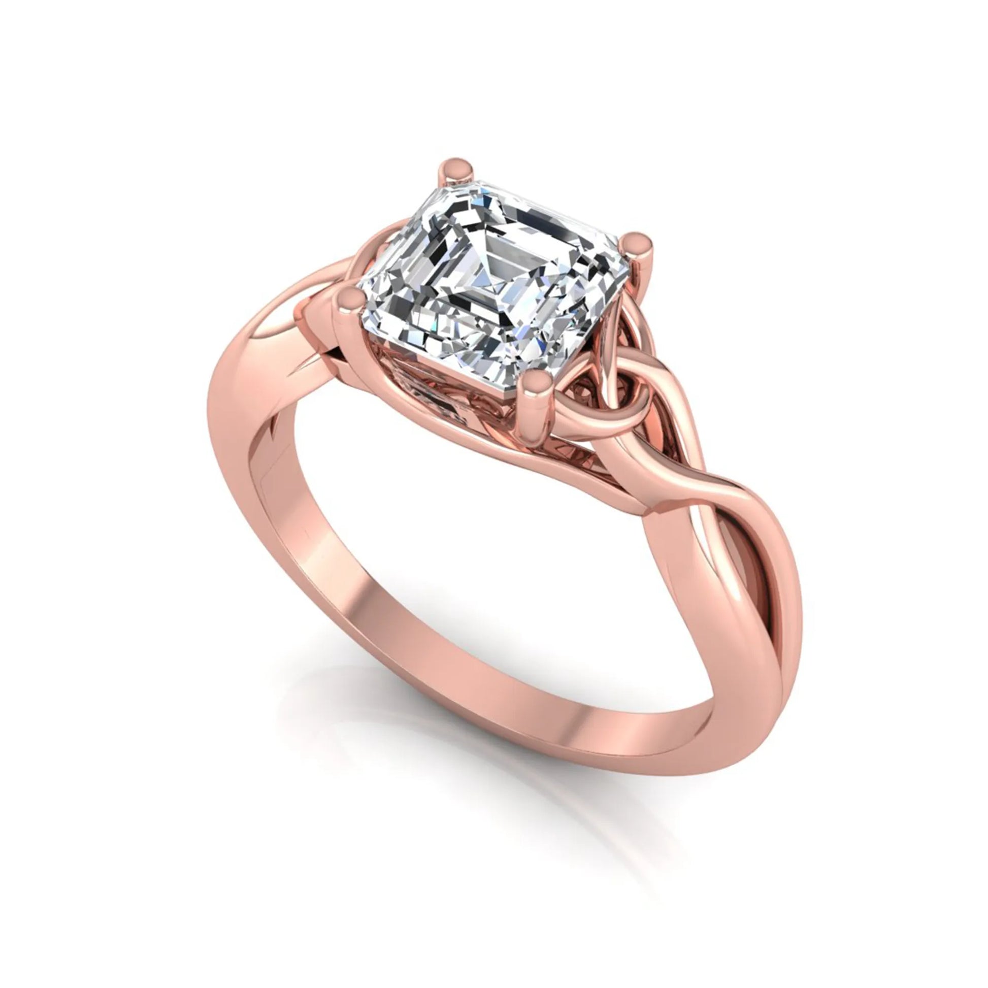 Asscher cut lab grown diamond solitaire engagement ring with Celtic knot setting in rose gold design.