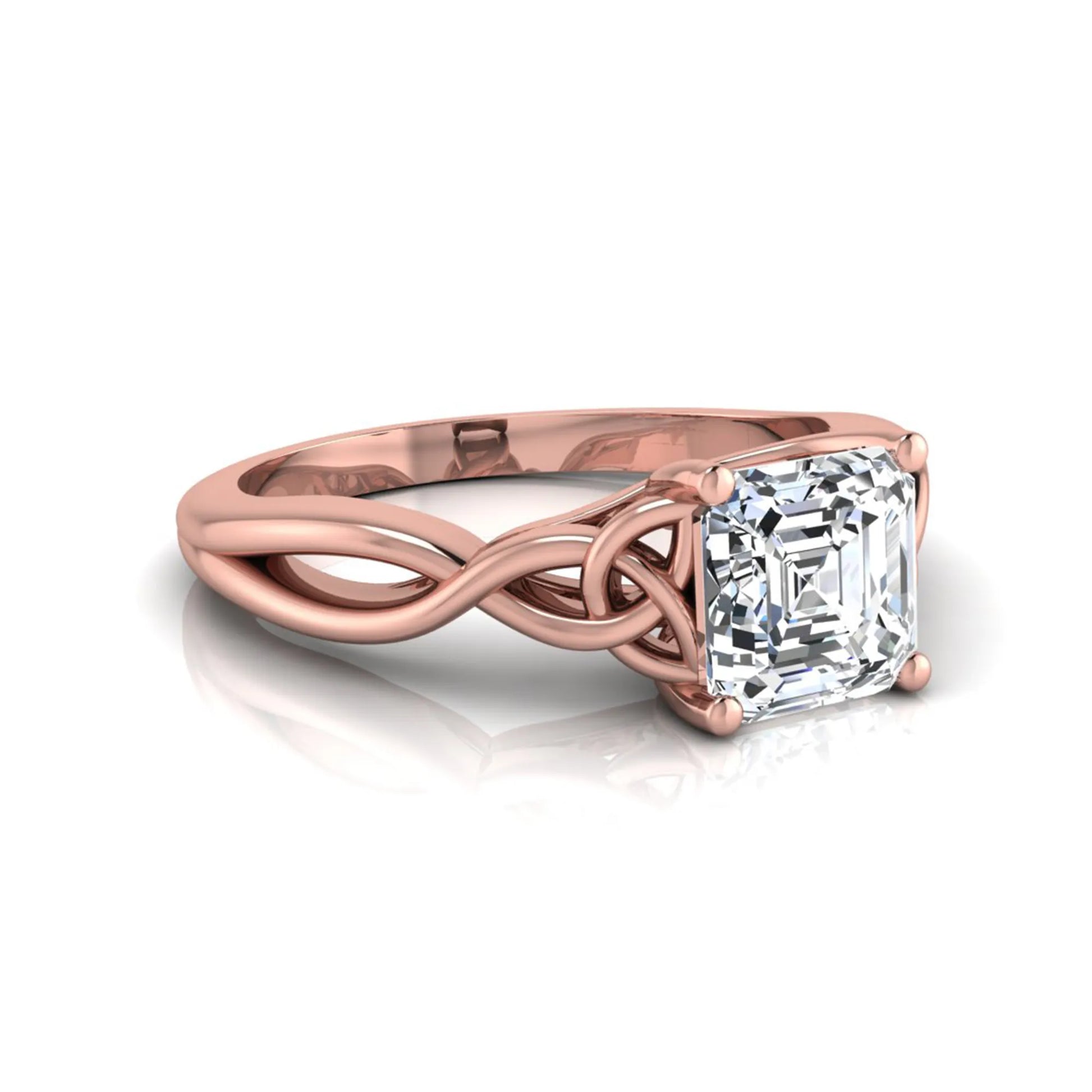 Asscher cut lab grown diamond solitaire engagement ring with Celtic knot setting in rose gold design.
