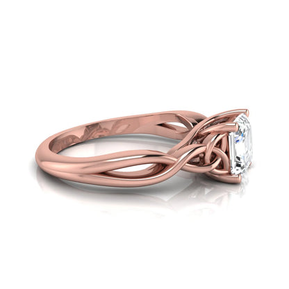 Asscher cut lab grown diamond solitaire engagement ring with Celtic knot setting in rose gold design.