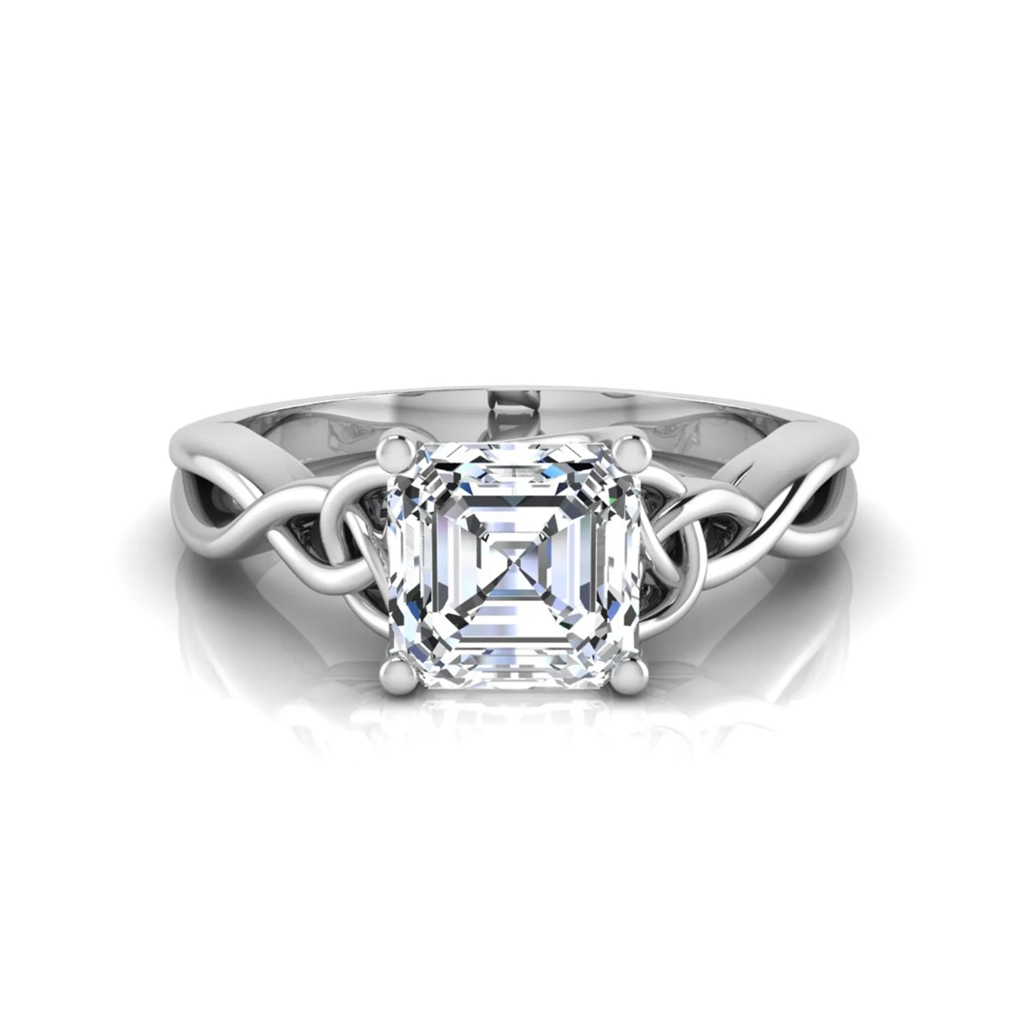 Asscher cut lab grown diamond solitaire engagement ring with Celtic knot setting in white gold design.
