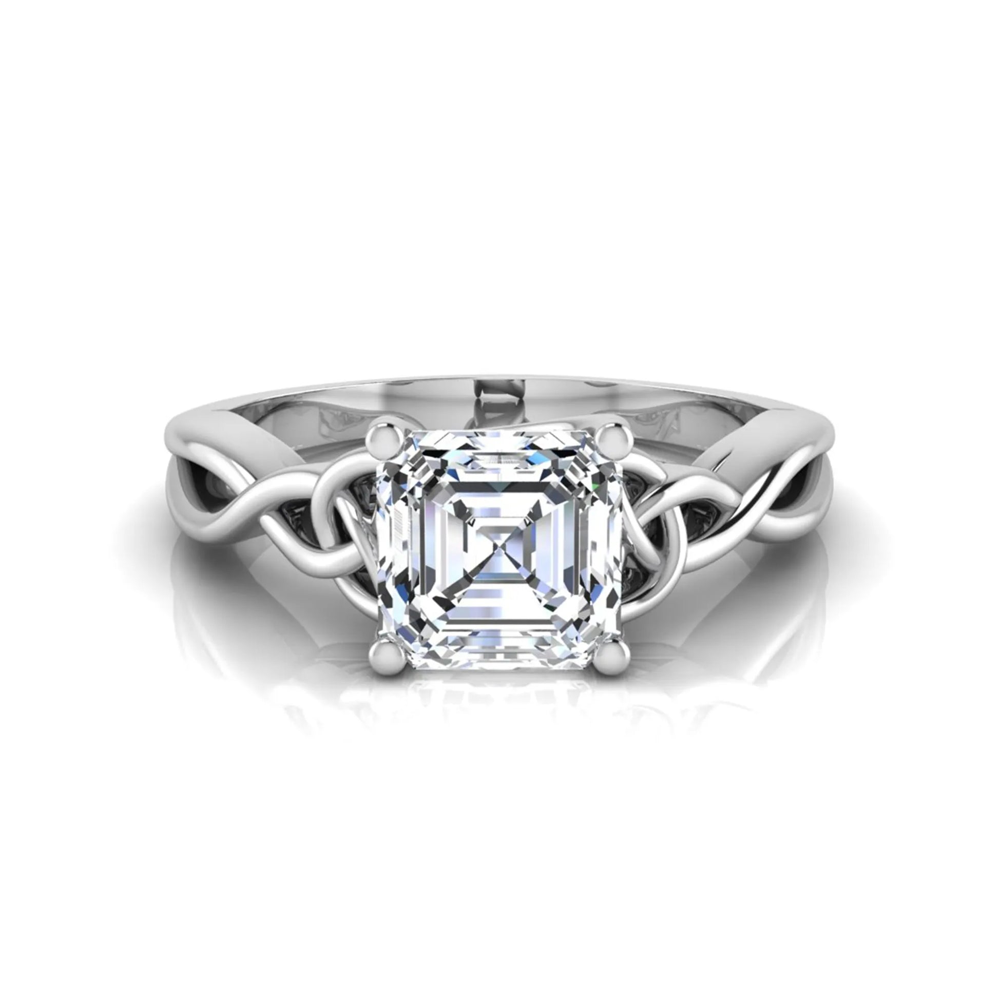 Asscher cut lab grown diamond solitaire engagement ring with Celtic knot setting in white gold design.