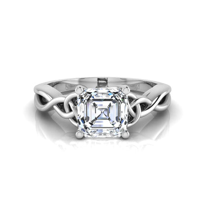 Asscher cut lab grown diamond solitaire engagement ring with Celtic knot setting in white gold design.