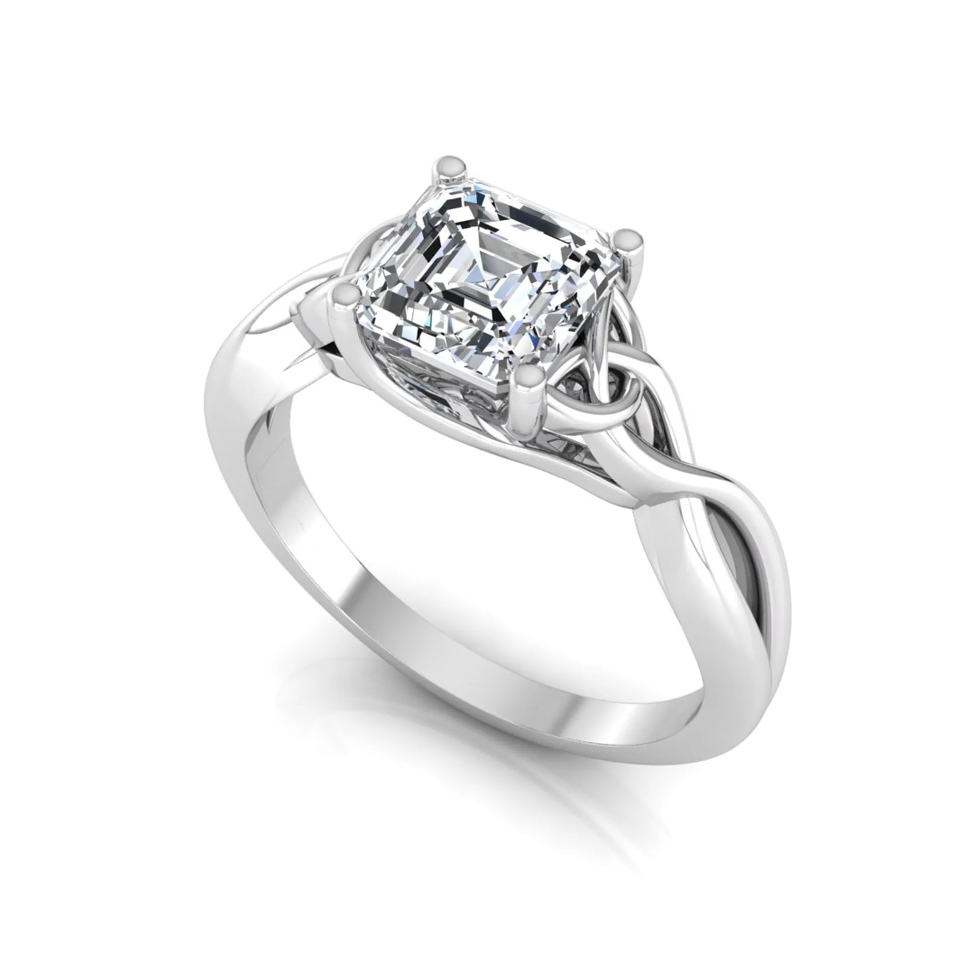 Asscher cut lab grown diamond solitaire engagement ring with Celtic knot setting in white gold design.