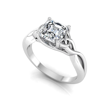 Asscher cut lab grown diamond solitaire engagement ring with Celtic knot setting in white gold design.