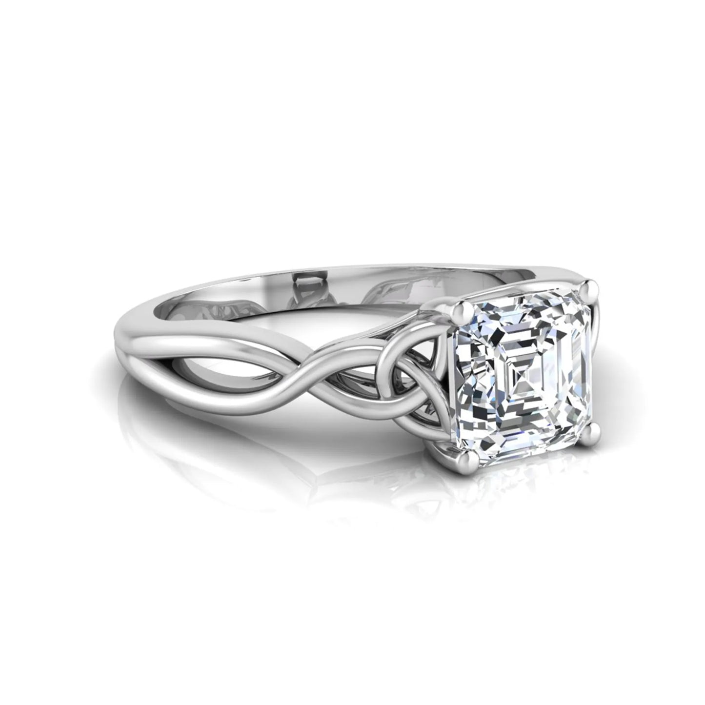 Asscher cut lab grown diamond solitaire engagement ring with Celtic knot setting in white gold design.