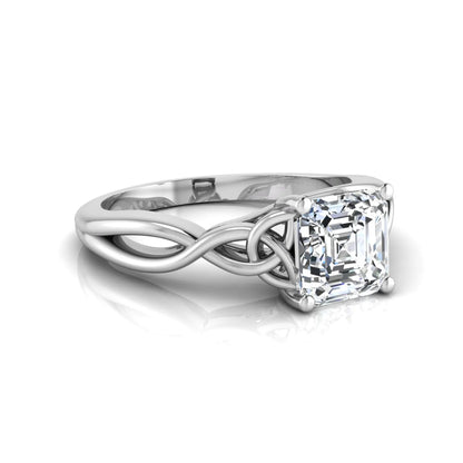 Asscher cut lab grown diamond solitaire engagement ring with Celtic knot setting in white gold design.