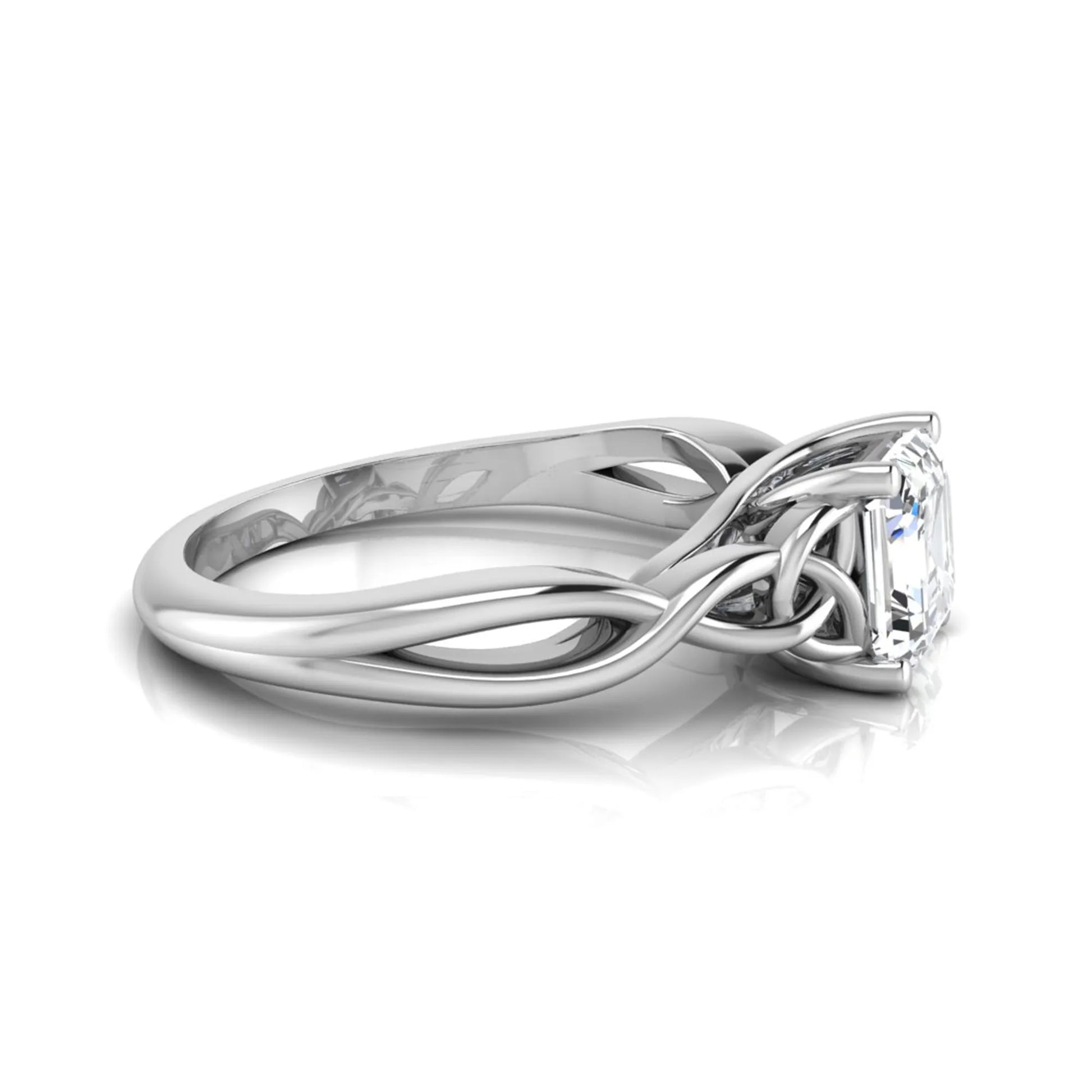 Asscher cut lab grown diamond solitaire engagement ring with Celtic knot setting in white gold design.